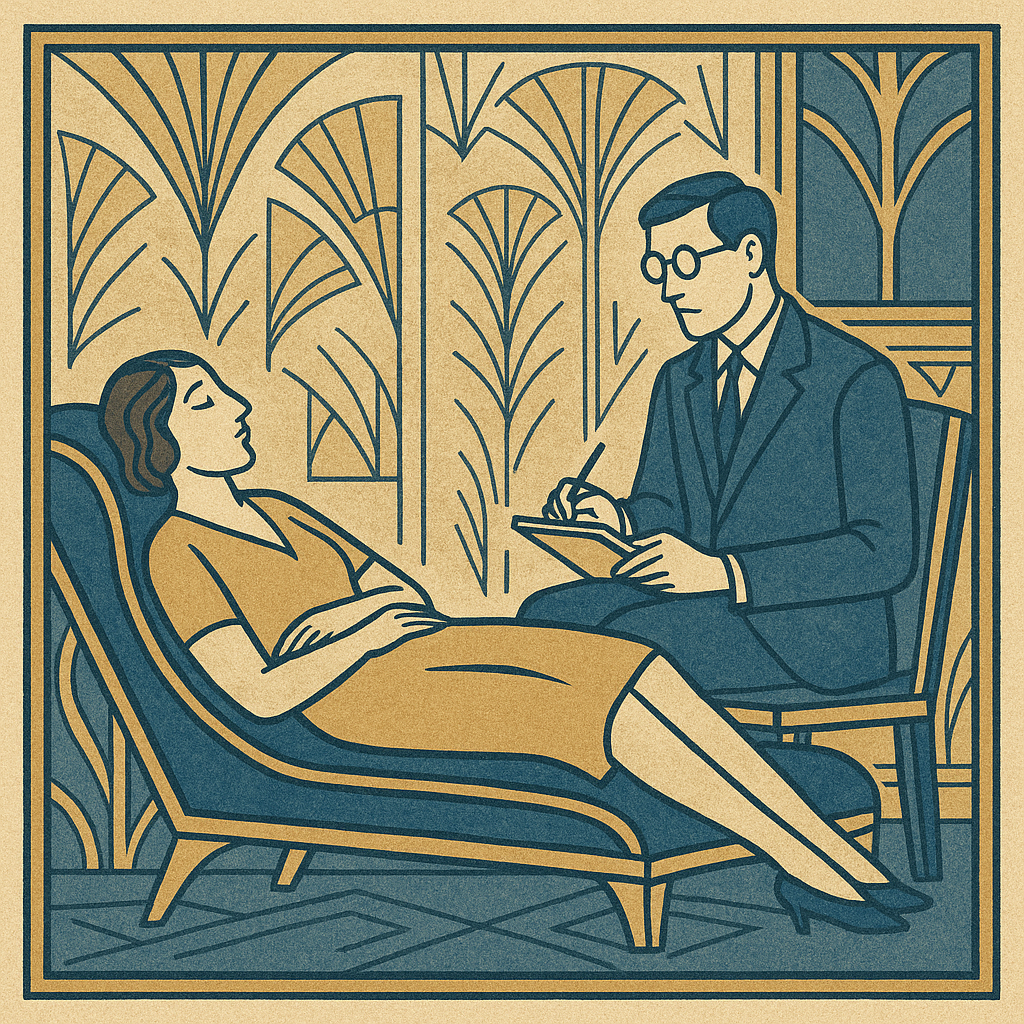 Art Deco-style illustration in gold and navy of a woman reclining on a therapy couch while a therapist takes notes.
